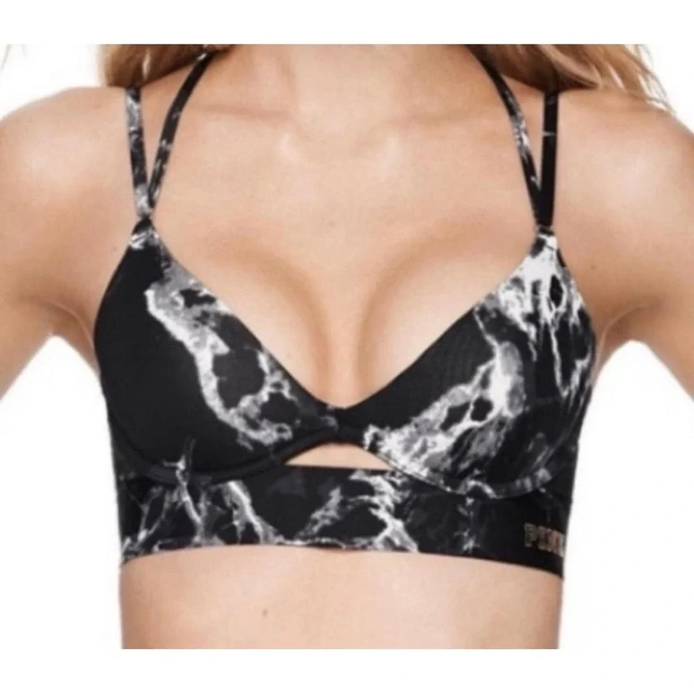 Victoria's Secret PINK Bonded Push-Up Bra Marble Print Women Medium Black White